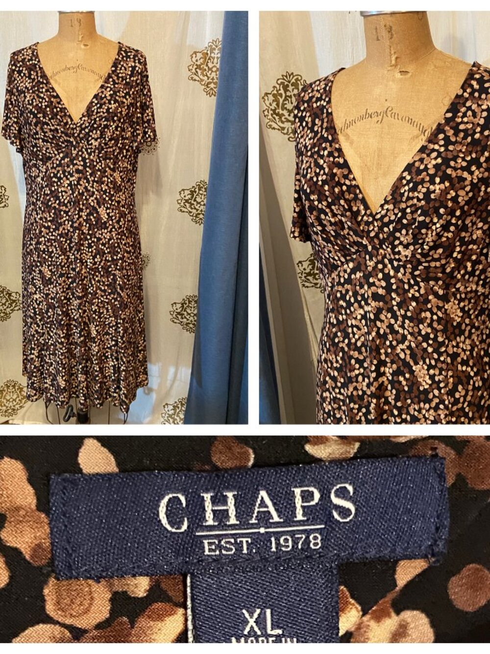 Chaps Black Abstract Surplice V-Neck Empire Waist Flutter Sleeve Jersey Dress XL